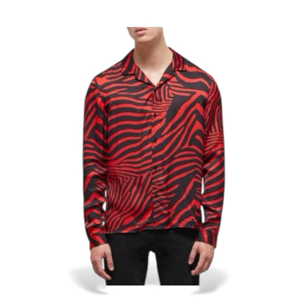 The Kooples Zebra Print Slim Fit Button Down Camp Shirt Size XL NWT Red/Black